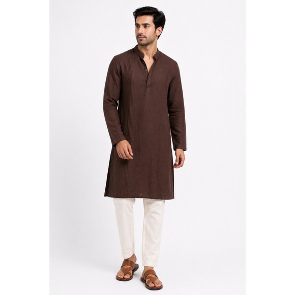 Next Mens Brown Linen Blend Pin-Tuck Longline Kurta Shirt XL NWT